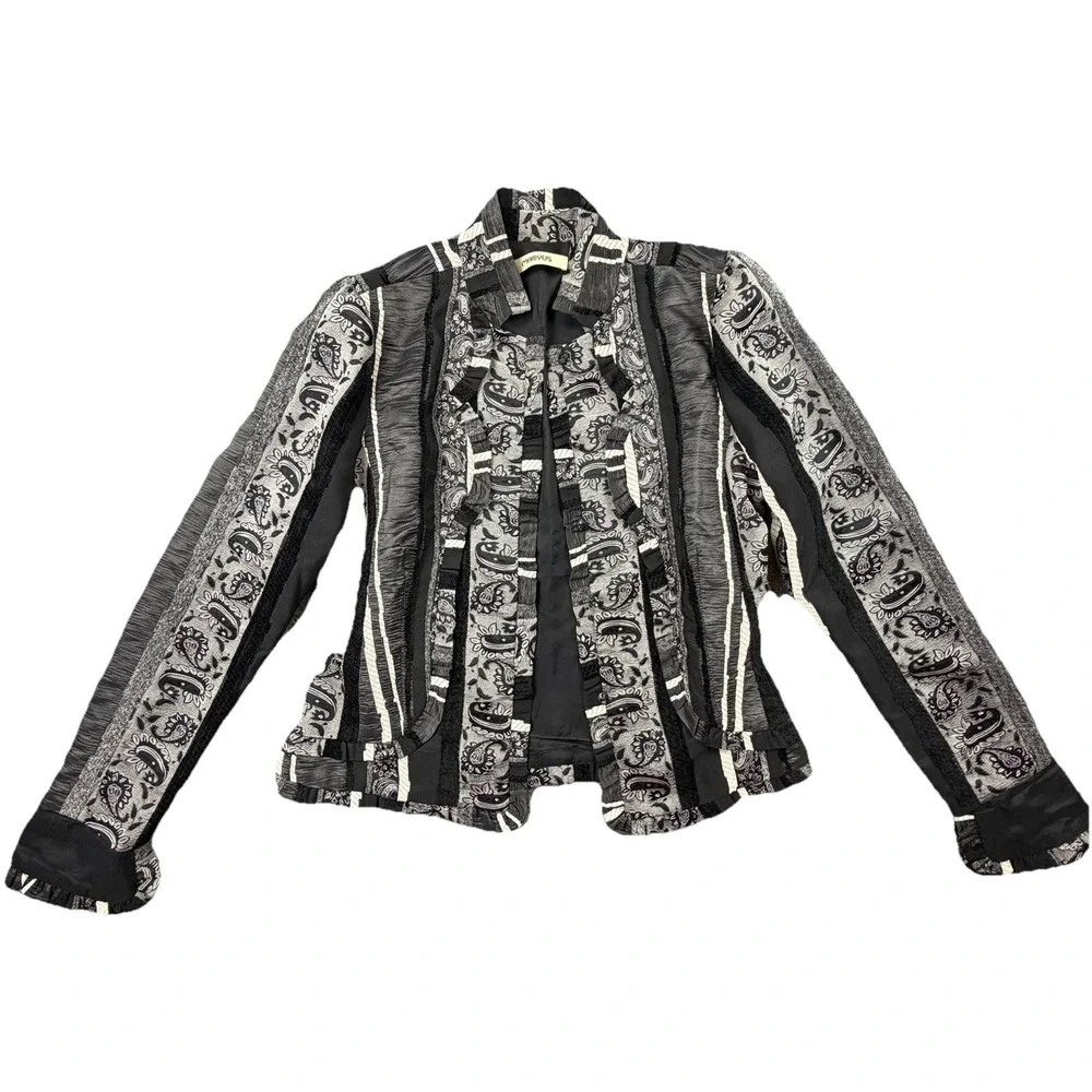 Manius Silk Jacket Paisley Ruffle Trim Open Front Cropped S M‎